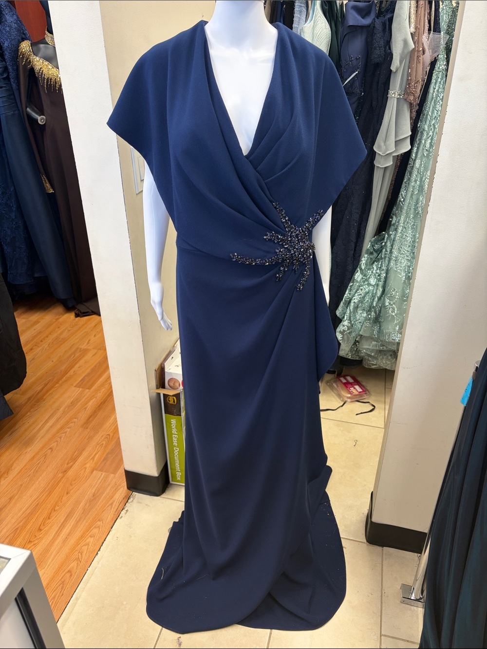 Elegant Navy Evening Gown with Beaded Accent size 24 with arm coverage
